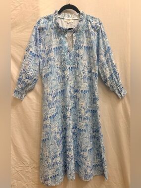 Amaya Byrony Blue and White Printed Women’s Dress - Relaxed Tunic Style